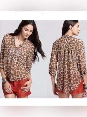 Free People Easy Rider Cheetah Button Front Shirt Blouse Semi Sheer Animal Print